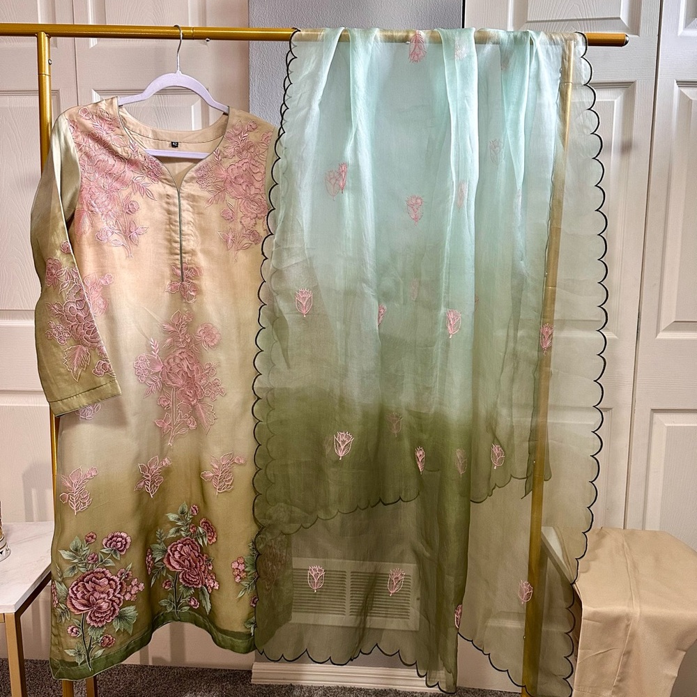 Floral Embroidered Dress with Scarf